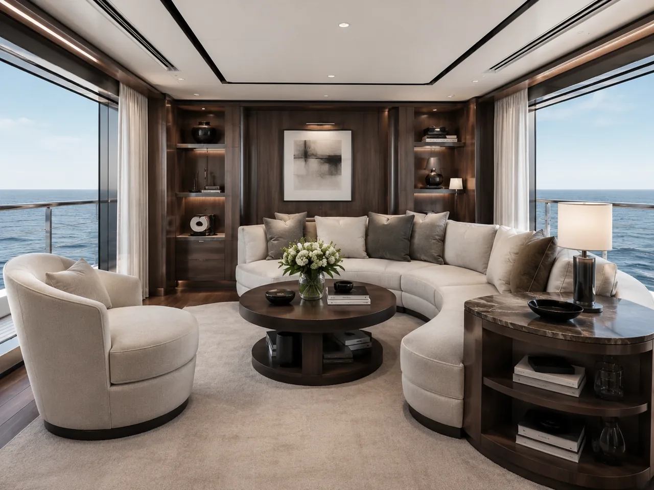 Cabina yacht con letto, tessili coordinati e finiture calde