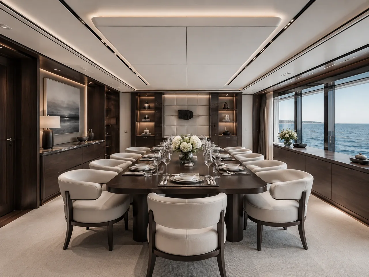 Area pranzo su yacht con tavolo centrale e arredi su misura
