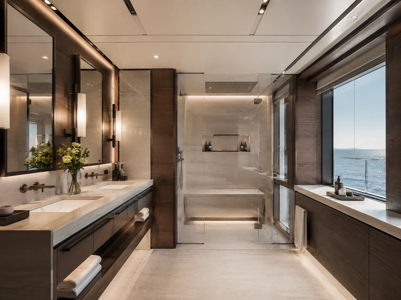 Dettaglio di interni yacht con materiali naturali e lavorazioni precise