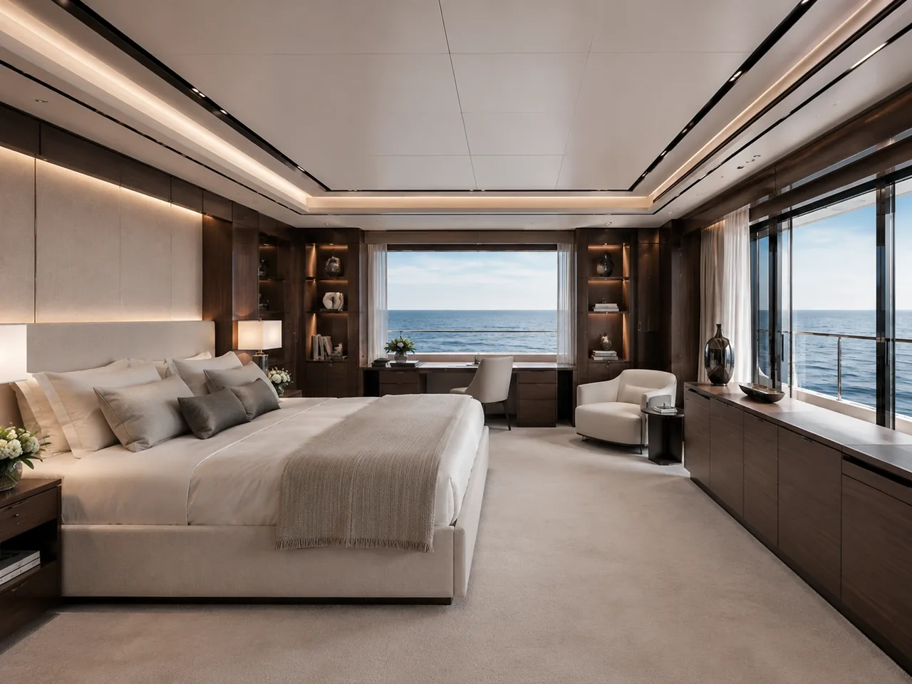 Zona lounge di yacht con divani chiari e illuminazione naturale